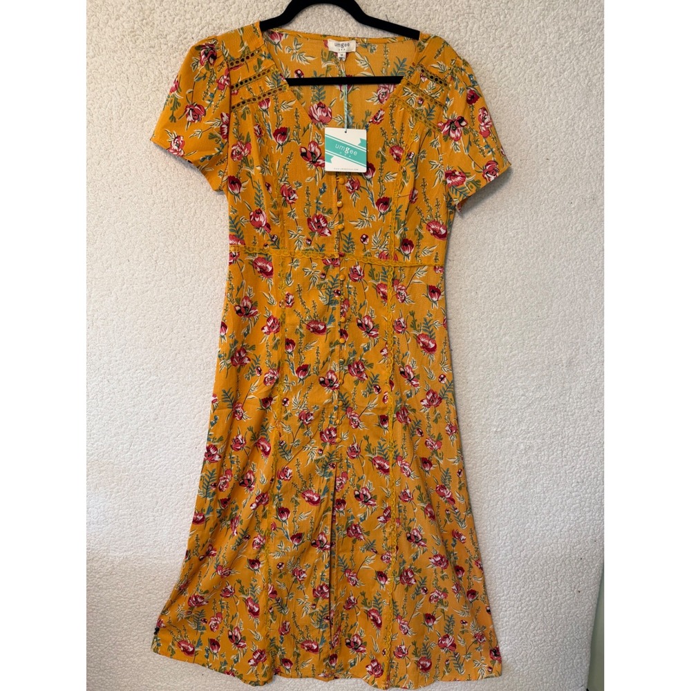 Umgee Floral Midi Dress Women Size‎ M Mustard Yellow Boho Crochet Cottagecore